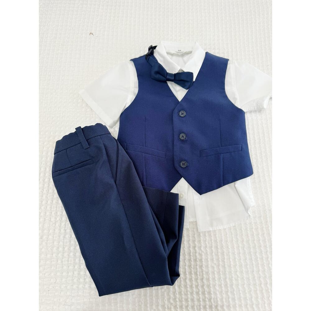 H&M Toddler Boys Navy Suit Set Vest Pants Shirt Bow Tie 2T